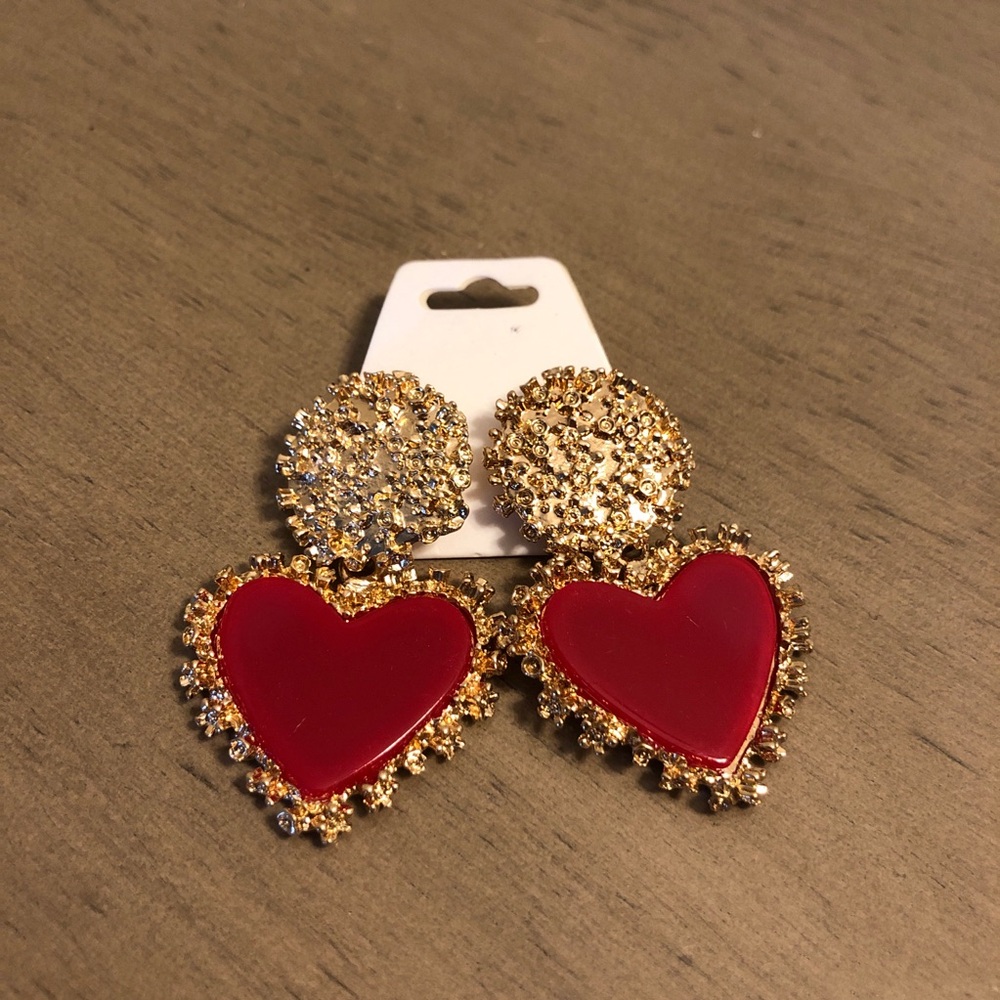 Gold Tone and Chunky Red Heart Fashion Jewelry Earrings